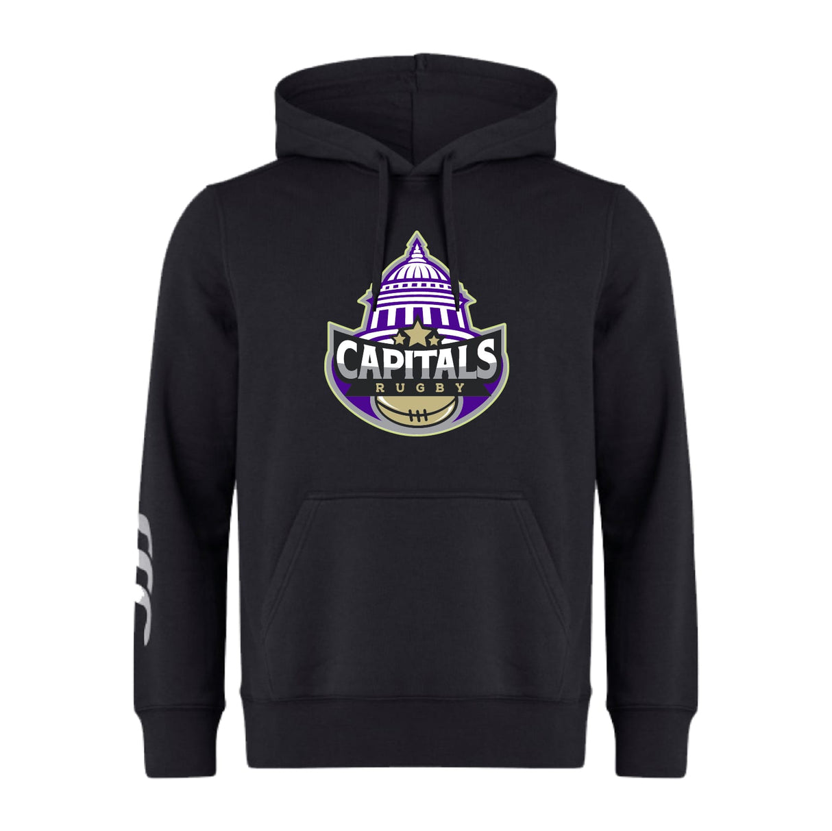 The Capitals Rugby NC Club Hoodie by WRS Canterbury features a "Capitals Rugby" logo with a purple dome and shield on the front—an ideal addition to any rugby team hoodie collection.