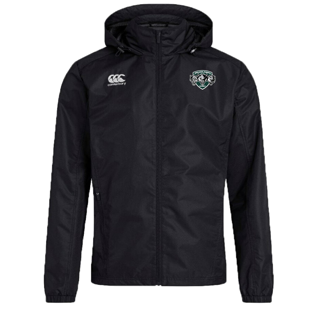 The Woodlands Youth Wolfpack Club Vaposhield Stadium Jacket by EMB Canterbury is black, with padded insulation, a white "Canterbury" logo on the right chest, and a green and white wolf crest on the left.