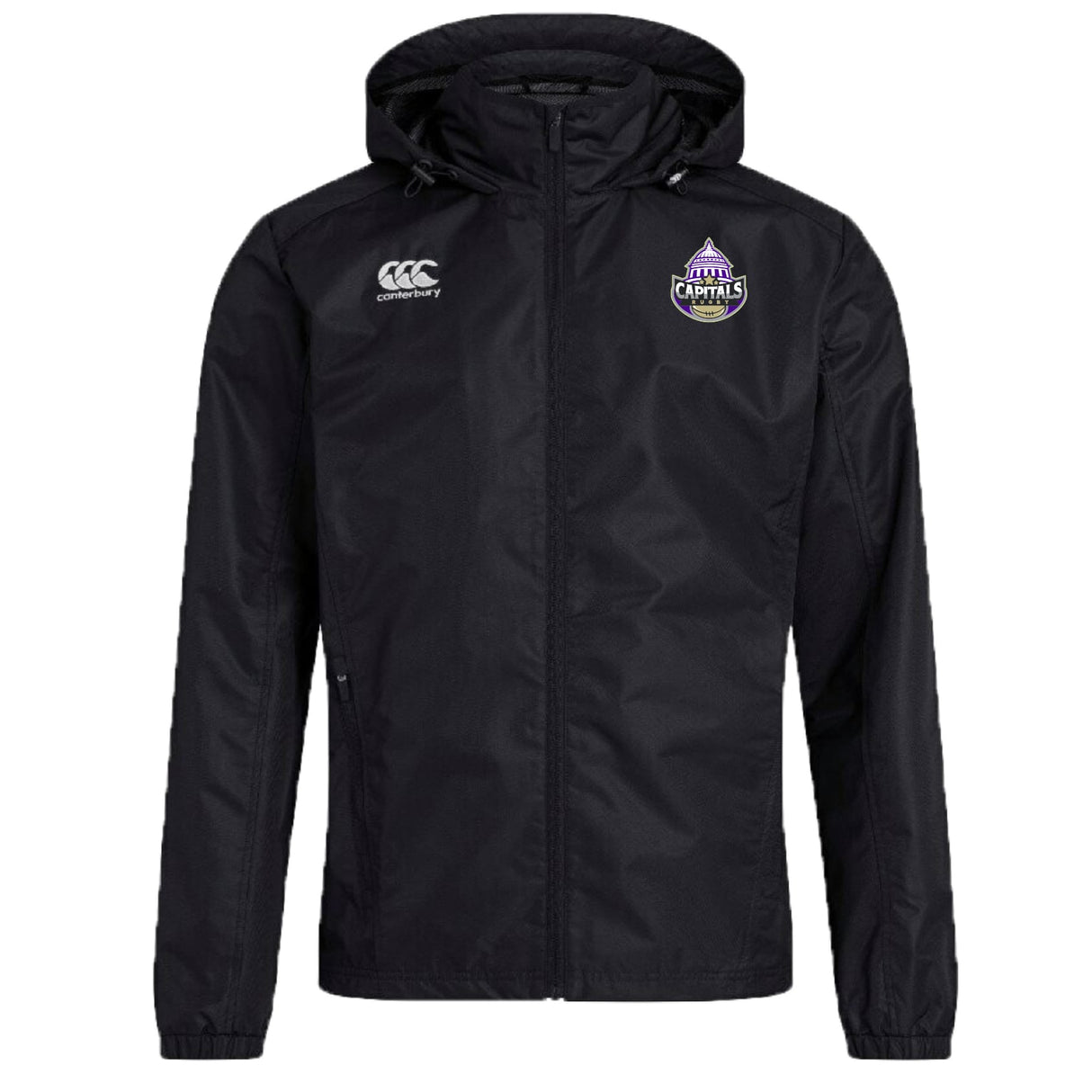 The Capitals Rugby NC Club Vaposhield Stadium Jacket by EMB Canterbury is a black jacket with front zipper, padded insulation, the Canterbury logo on the right chest, and a purple Capitals logo on the left chest.
