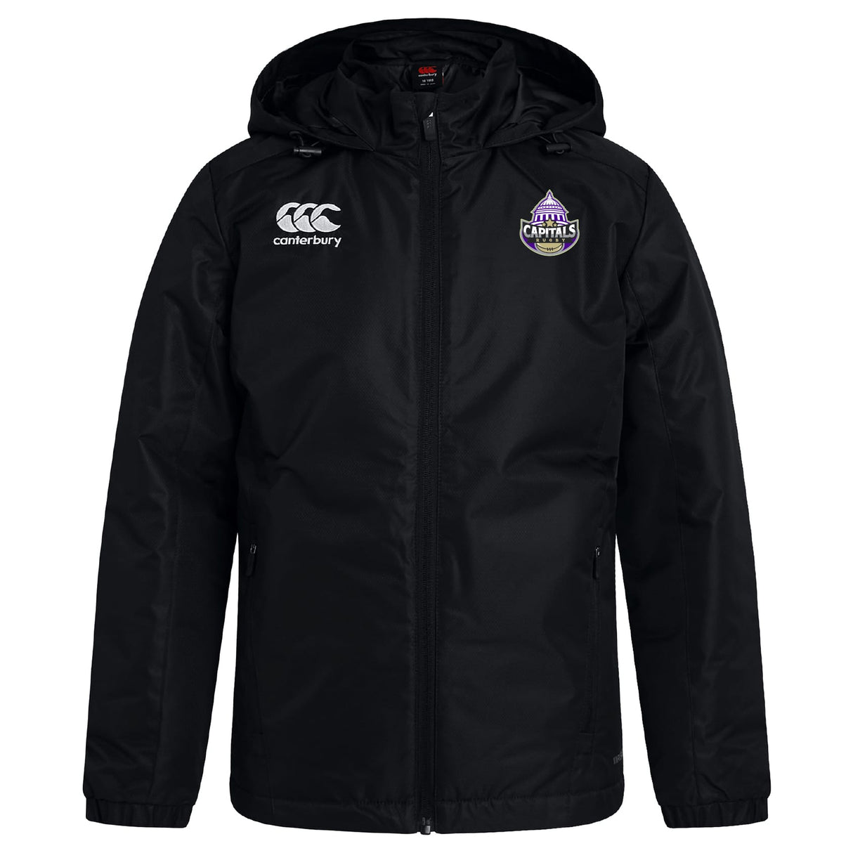 The Capitals Rugby NC Club Vaposhield Full Zip Rain Jacket by EMB Canterbury is a black, water-resistant jacket with a front zipper, Canterbury logo on the right chest, and a purple, white & yellow Capitals badge on the left.