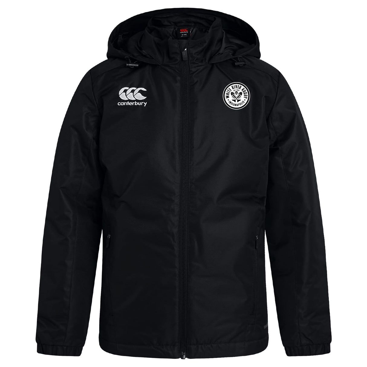 The White River Rugby Football Club Club Vaposhield Stadium Jacket by EMB Canterbury features VapoShield water repellent tech, a full zip, right chest Canterbury logo, and left chest club badge.