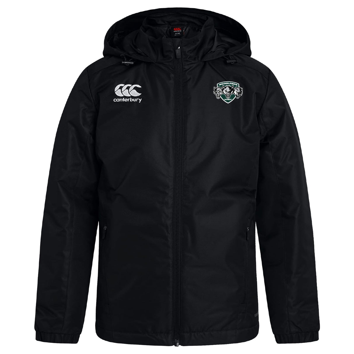 The EMB Canterbury Woodlands Youth Wolfpack Club Vaposhield Full Zip Rain Jacket features a black hood, club crest on the left, Canterbury logo on the right chest, and water-resistant VapoShield tech, shown against a plain white background.