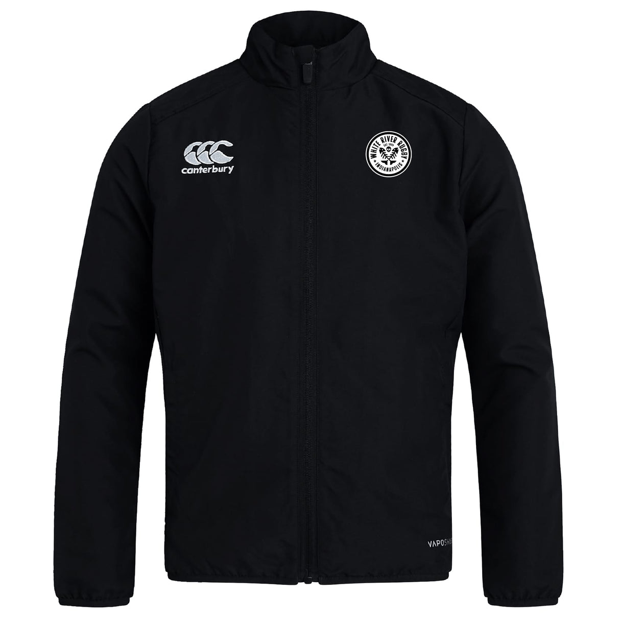 The White River Rugby Football Club Track Jacket by EMB Canterbury is a black zip-up with long sleeves, featuring the Canterbury logo on the right chest and a circular club badge on the left for stylish everyday comfort.