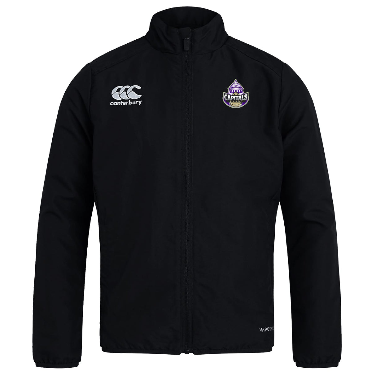 The Capitals Rugby NC Club Track Jacket by EMB Canterbury is a black, lightweight jacket featuring the Canterbury logo on the right chest and the Capitals team logo on the left, ideal for everyday wear.