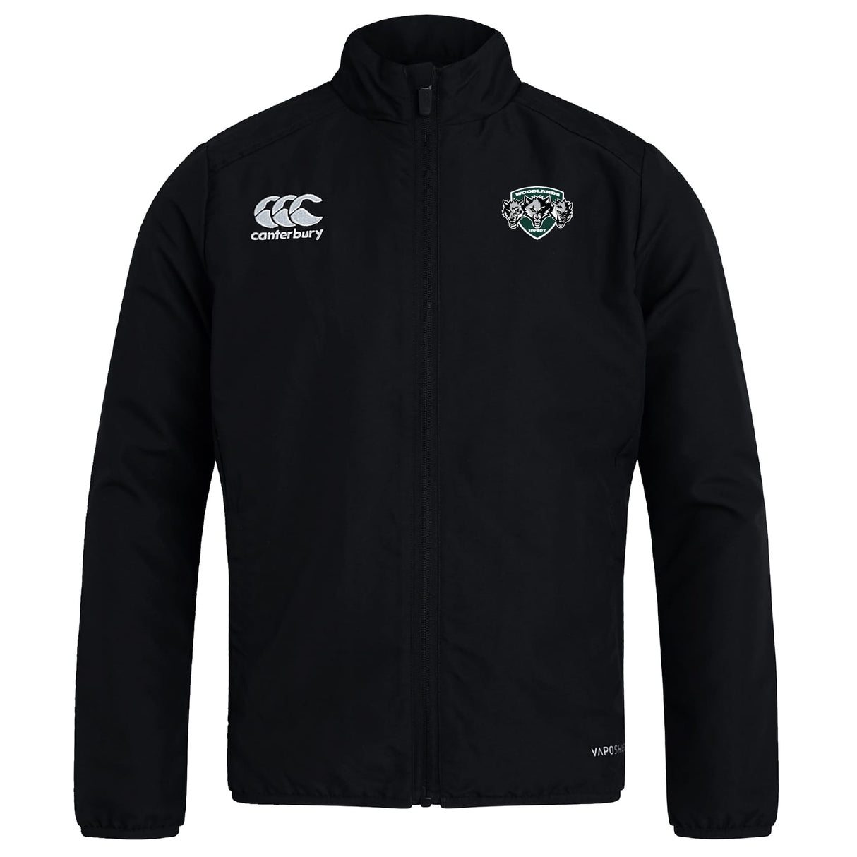 The Woodlands Youth Wolfpack Club Track Jacket by EMB Canterbury features a Canterbury logo on the right chest and a green-and-white crest on the left. This lightweight jacket is perfect for everyday wear.