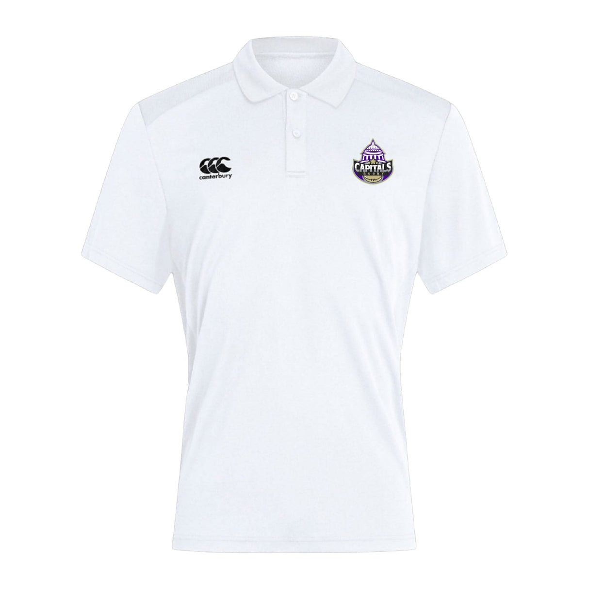 The Capitals Rugby NC Club Dry Polo by EMB Canterbury is a white short-sleeve shirt with Vapodri Technology, featuring the Canterbury logo on the right chest and a Castle Capitals badge on the left.