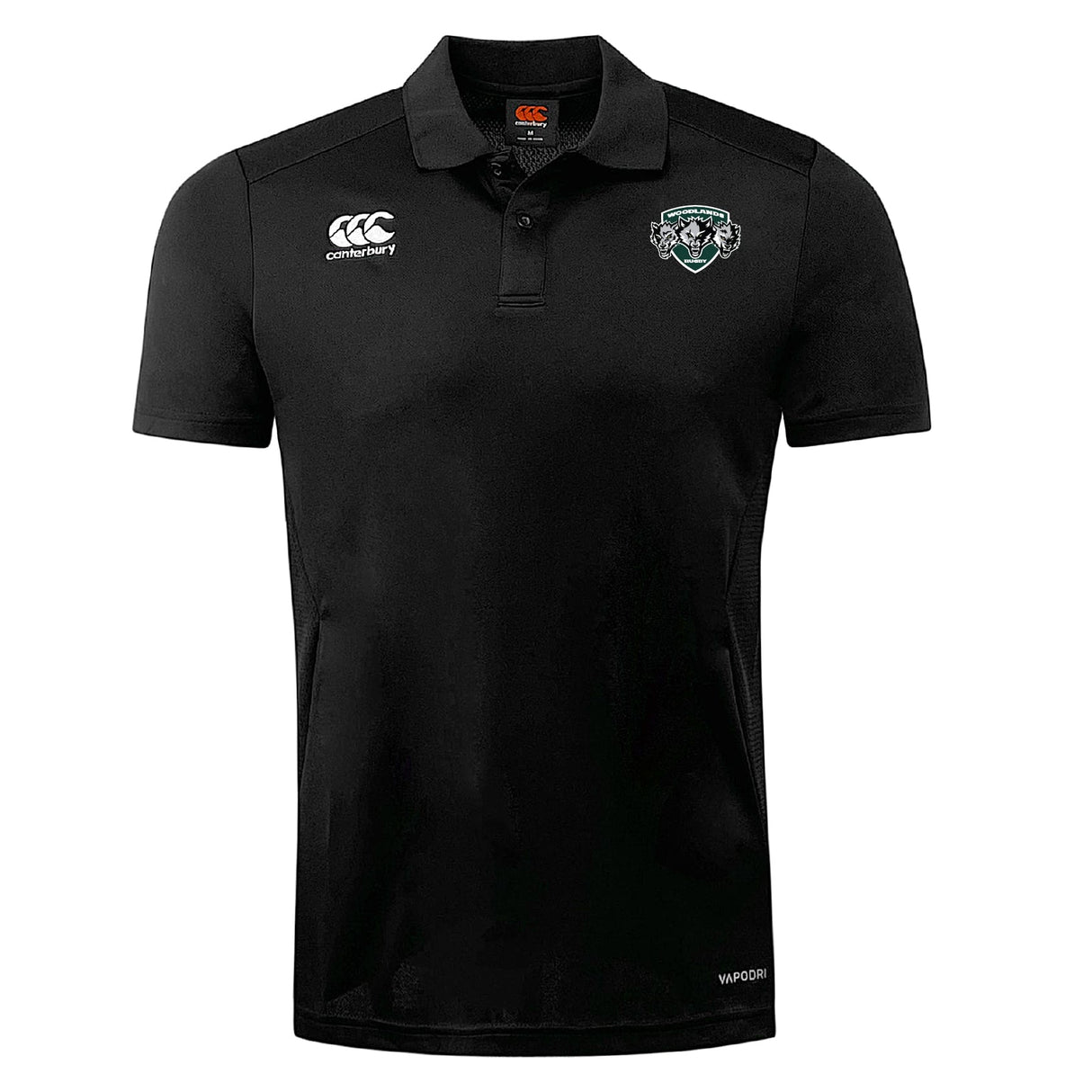 The Woodlands Youth Wolfpack Club Dry Polo by EMB Canterbury features short sleeves, a collar, white Canterbury logo on the right chest, embroidered crest on the left, and breathable Vapodri Technology for cool comfort.