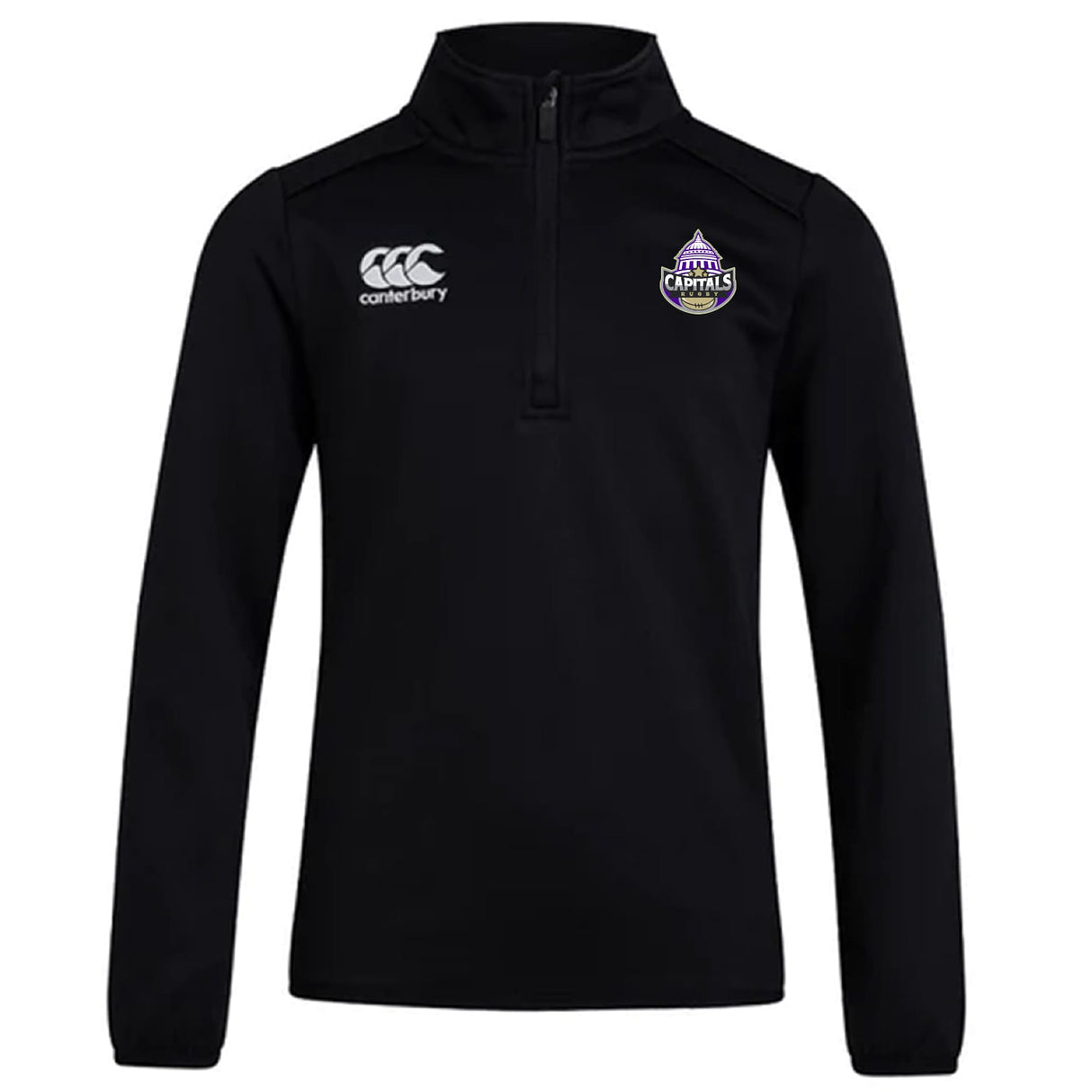 The EMB Canterbury Capitals Rugby NC Club 1/4 Zip Mid Layer Training Top is a black, long-sleeve training top with the "Capitals" logo on the left chest.