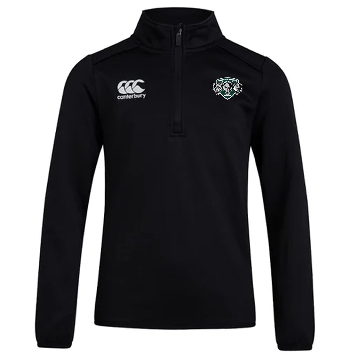 The Woodlands Youth Wolfpack Club 1/4 Zip Mid Layer Training Top by EMB Canterbury features long sleeves, a Canterbury logo on the right chest, and a wolfpack emblem on the left—ideal for custom made sportswear.