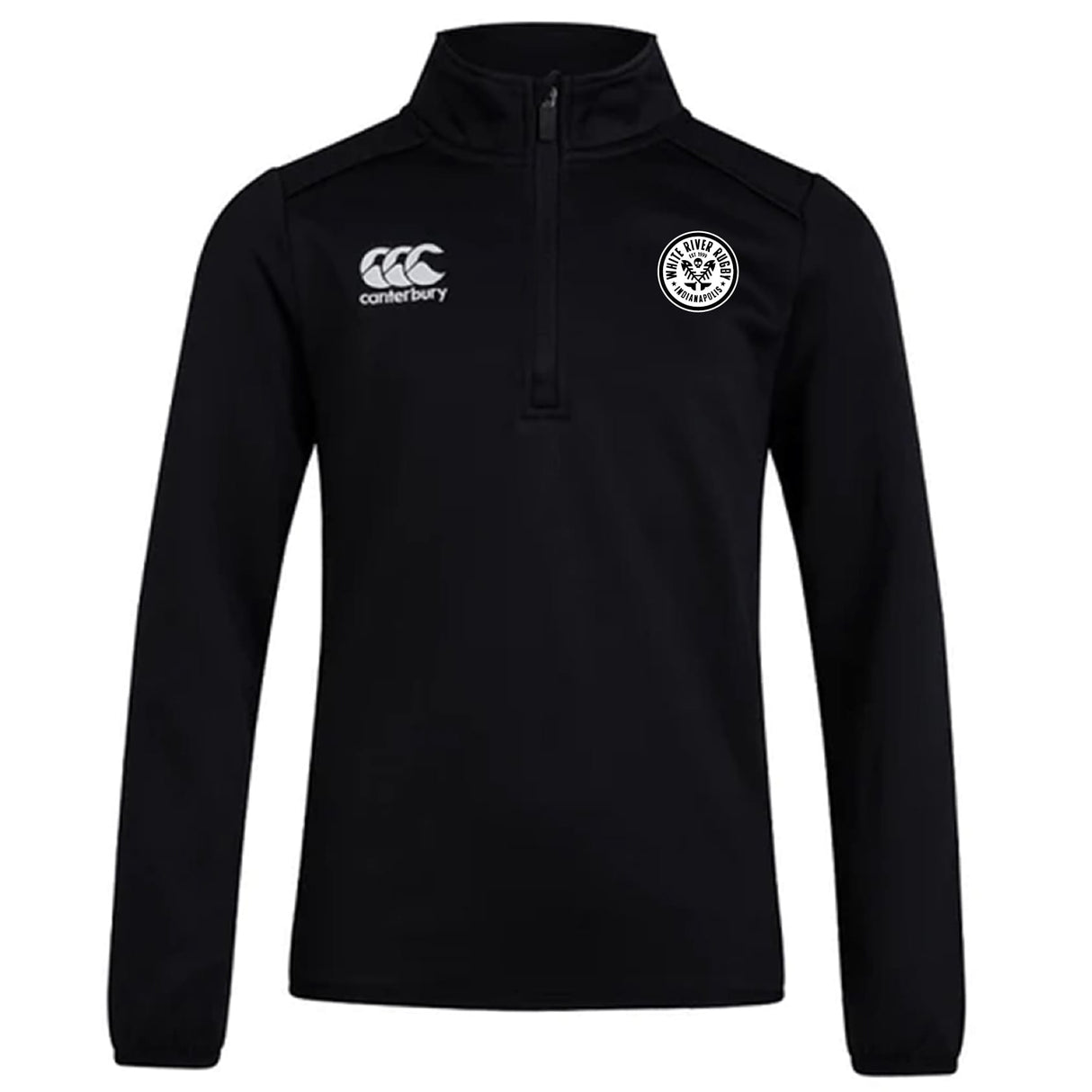 The White River Rugby Football Club 1/4 Zip Mid Layer Training Top by EMB Canterbury features a right chest Canterbury logo and left chest circular team badge—ideal for custom rugby apparel.
