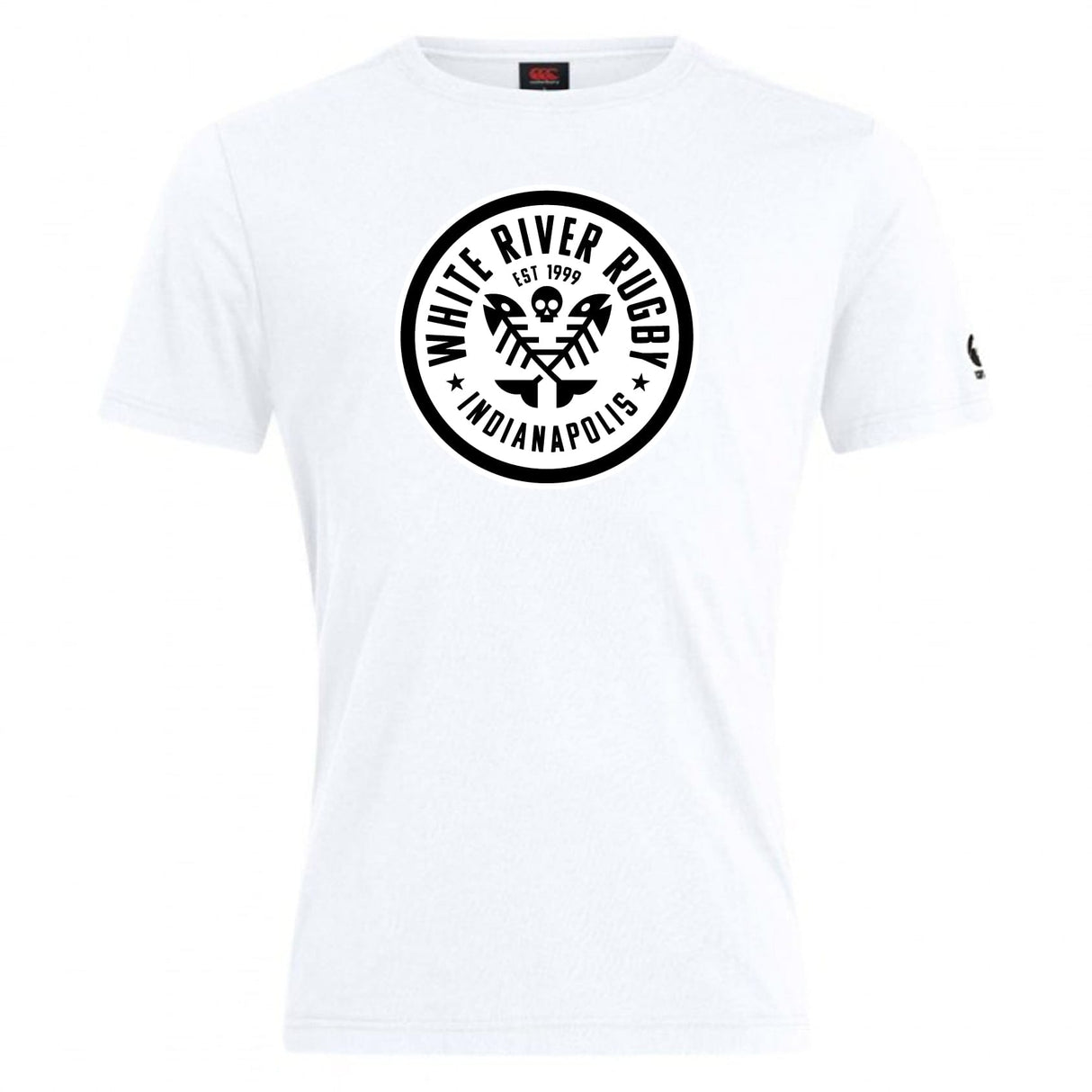 The White River Rugby Football Club Plain Tee by WRS Canterbury is a white cotton blend t-shirt with a round logo and "EST 1999" center, offering comfort and customization for fans and players alike.