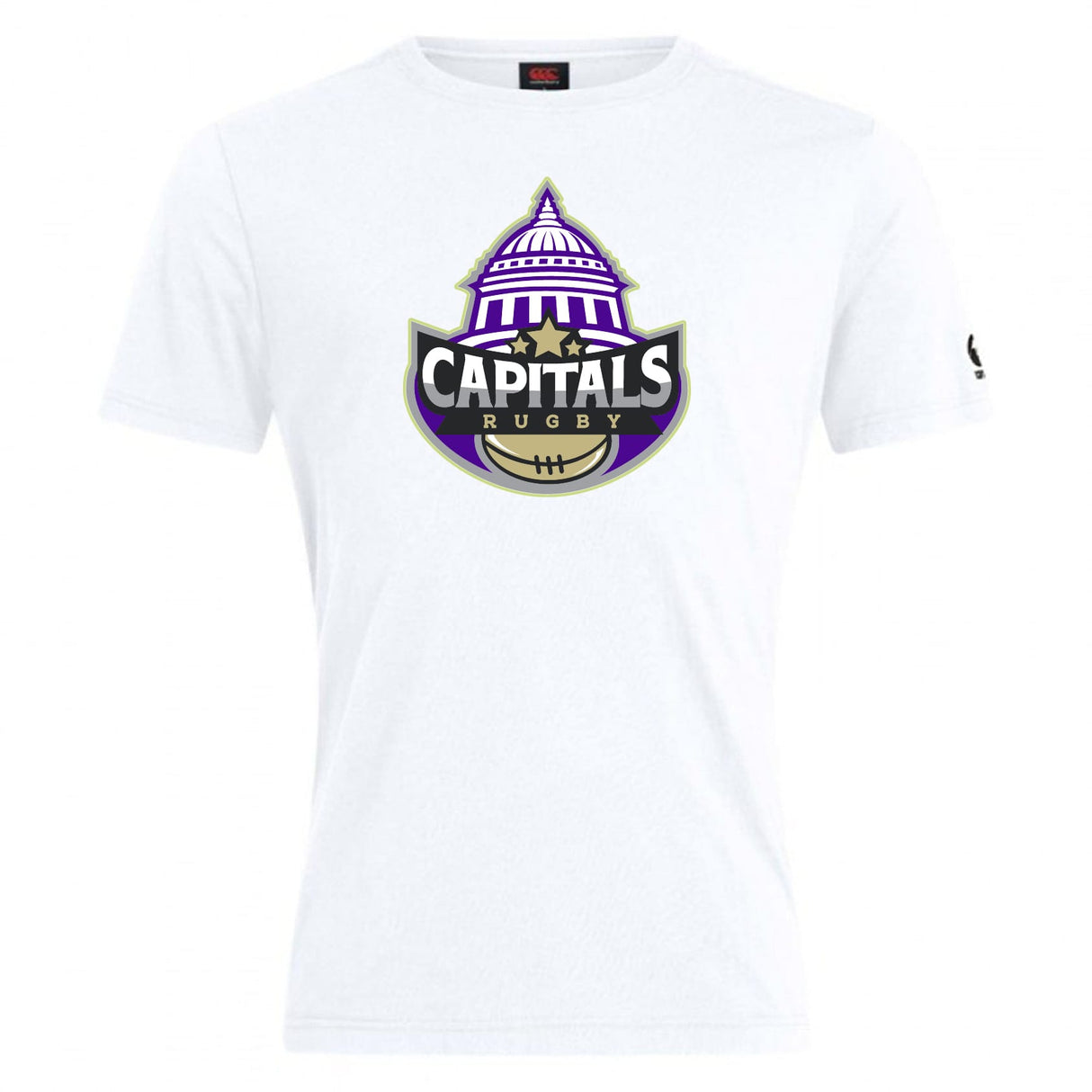 The Capitals Rugby NC Club Plain Tee by WRS Canterbury is a white cotton blend t-shirt with a bold "Capitals Rugby" logo, featuring a domed building, stars, and rugby ball in purple, black, and gold—perfect for fans.