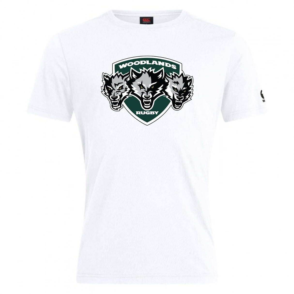 The Woodlands Youth Wolfpack Club Plain Tee by Canterbury from WRS Canterbury is a comfortable white cotton-blend T-shirt featuring the Woodlands Rugby logo with three wolf heads and green chest text—ideal for fans.