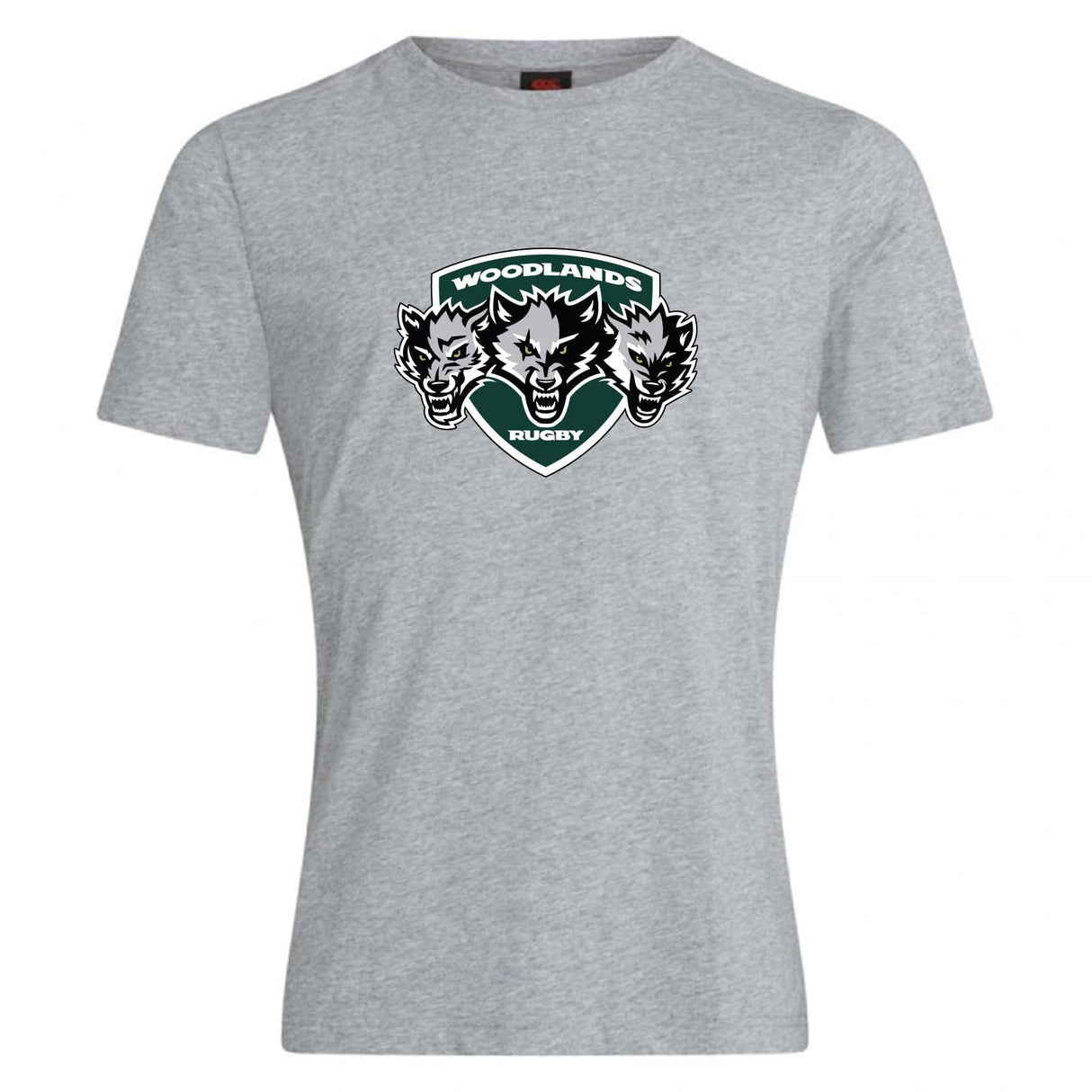 The Woodlands Youth Wolfpack Club Plain Tee by WRS Canterbury is a grey cotton-blend short-sleeve shirt, ideal for fans or team members. Features a "WOODLANDS RUGBY" logo with three wolf heads on the chest and is customizable.