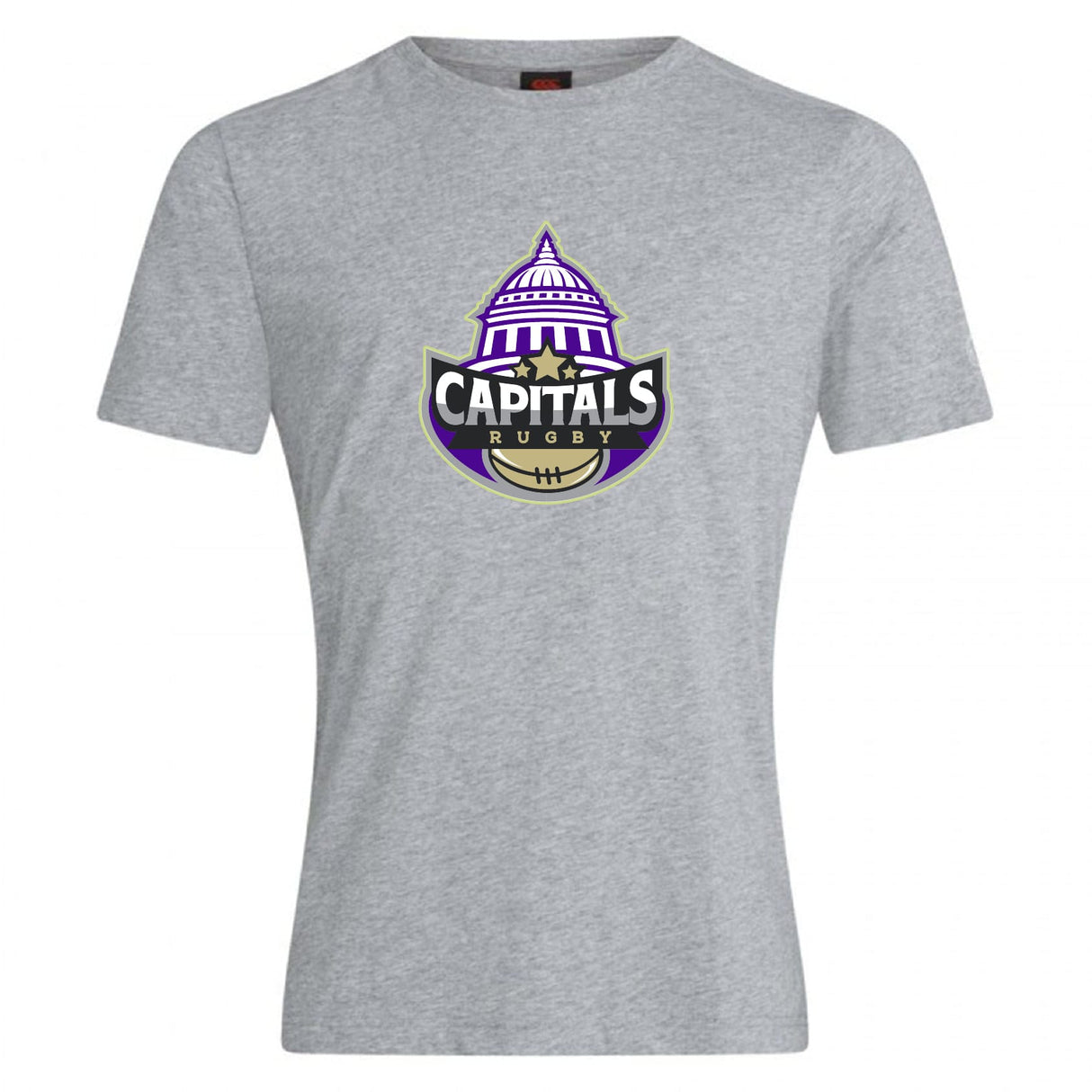 The Capitals Rugby NC Club Plain Tee by WRS Canterbury is a gray cotton blend shirt featuring a "Capitals Rugby" logo with a capitol dome and rugby ball design—stylish, comfortable, and customizable for everyday wear.