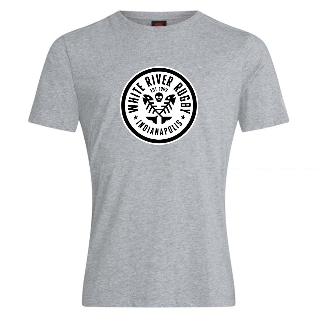 The White River Rugby Football Club Club Plain Tee by Canterbury from WRS Canterbury is a gray cotton-blend shirt with a circular black-and-white eagle logo—ideal as a customizable tee for rugby fans.