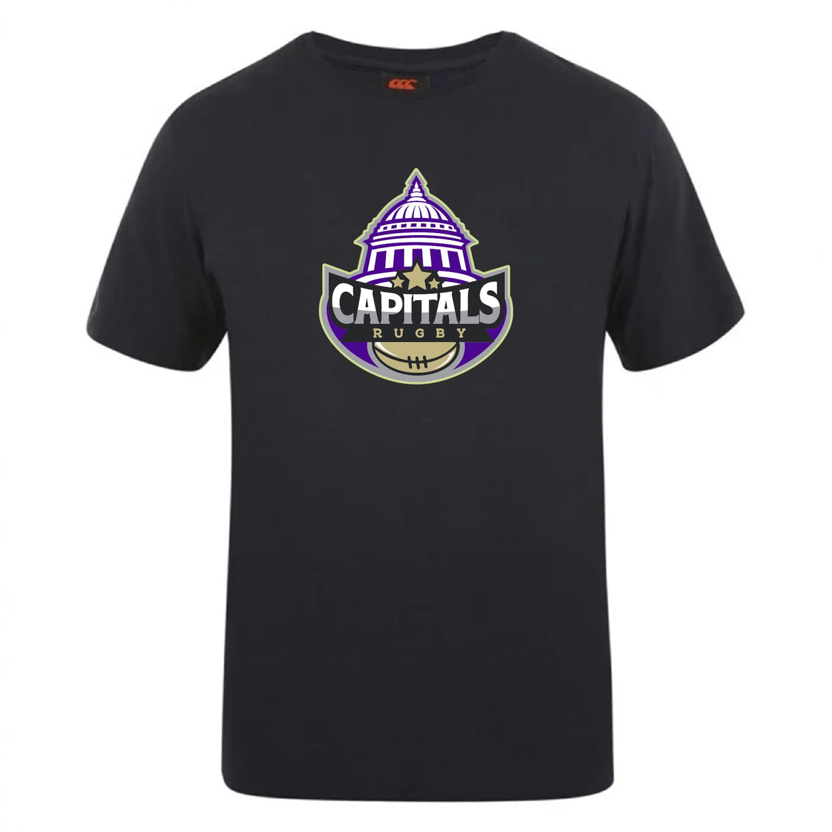 The Capitals Rugby NC Club Plain Tee by WRS Canterbury is a customizable black cotton blend T-shirt with a "Capitals Rugby" logo—dome, stars, and rugby ball—offering fans comfort and style.