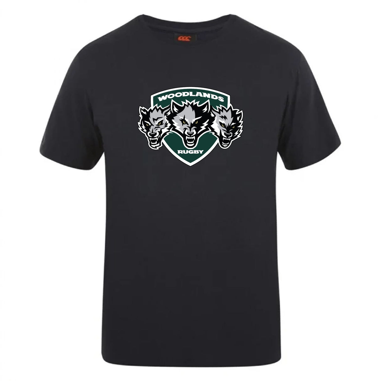 The Woodlands Youth Wolfpack Club Plain Tee by WRS Canterbury is a black cotton-blend t-shirt featuring a "Woodlands Rugby" logo with three wolf heads on the chest, perfect for CCC Club Plain T-shirt fans who want comfort and style.