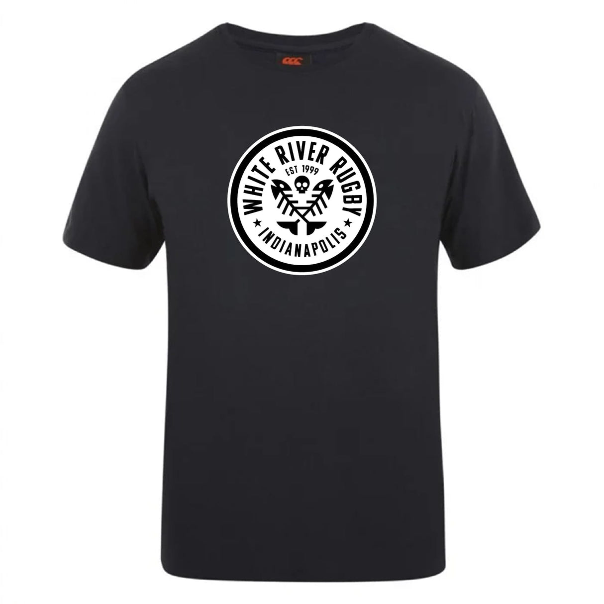 The White River Rugby Football Club Club Plain Tee by WRS Canterbury is a black cotton-blend t-shirt with a circular eagle logo, "EST 1999" text in white, and offers customizable comfort and team spirit.