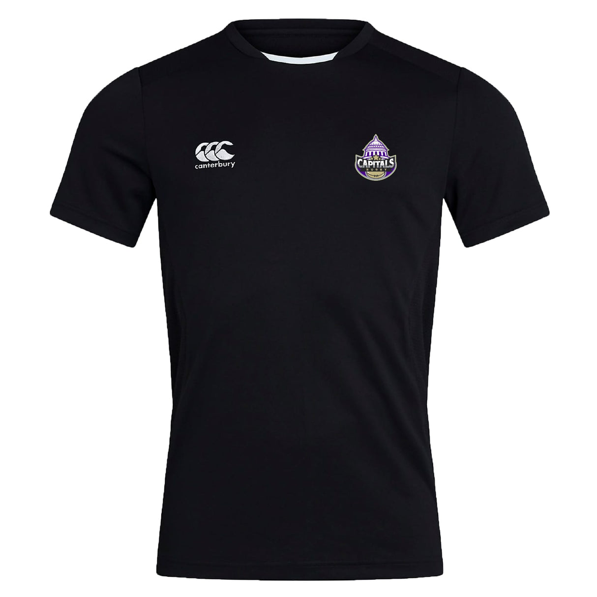 The Capitals Rugby NC Club Dry Tee by Canterbury is a black short-sleeve workout top with the EMB Canterbury logo on the right chest, a purple Capitals badge on the left, and Vapodri Technology for breathability.