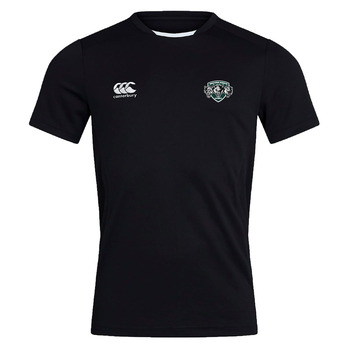 The Woodlands Youth Wolfpack Club Dry Tee by EMB Canterbury is a black short-sleeve T-shirt with a white Canterbury logo on the right chest, team crest on the left, and Vapodri Technology for breathable comfort during workouts.