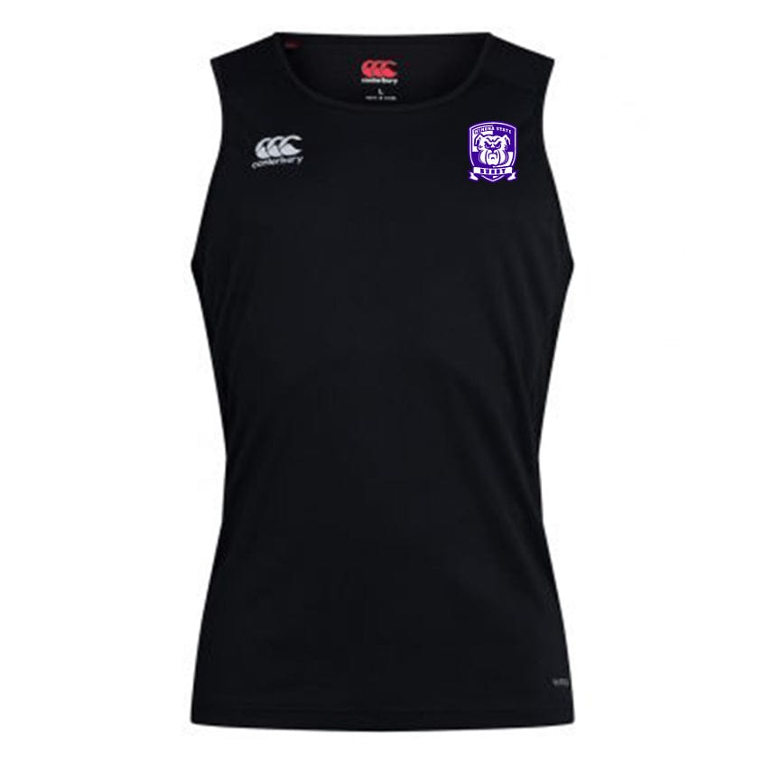 The Winona State University Club Dry Singlet by EMB Canterbury is a black sleeveless sports top featuring a white logo on the right and a purple shield emblem on the left chest. Made from athletic gear using Vapodri Technology, this breathable tank ensures maximum comfort during your workout.