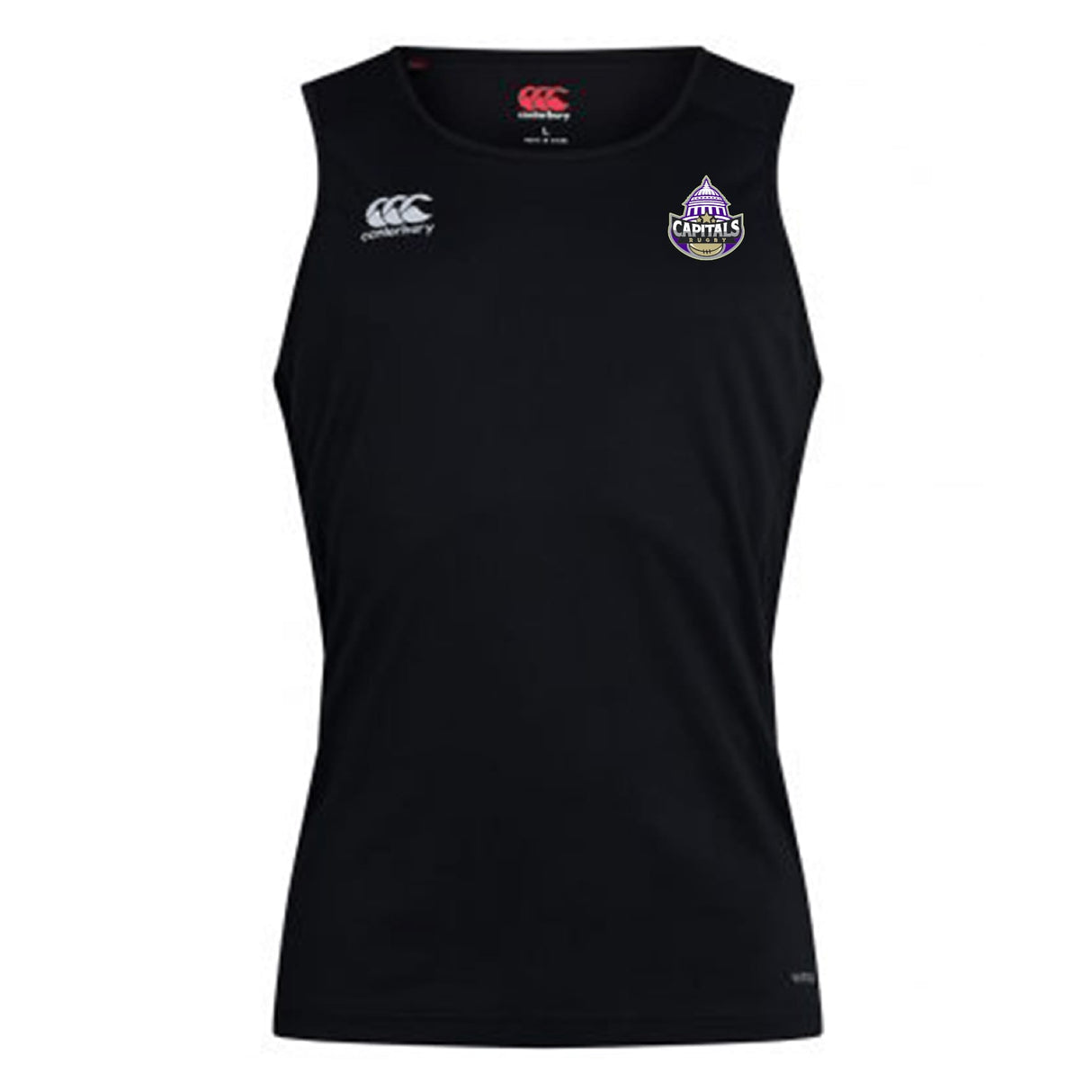 The Capitals Rugby NC Club Dry Singlet by EMB Canterbury features a black, sleeveless design with Vapodri Technology, a white Canterbury logo on the right chest, and a purple Capitals logo—ideal for peak athletic performance.