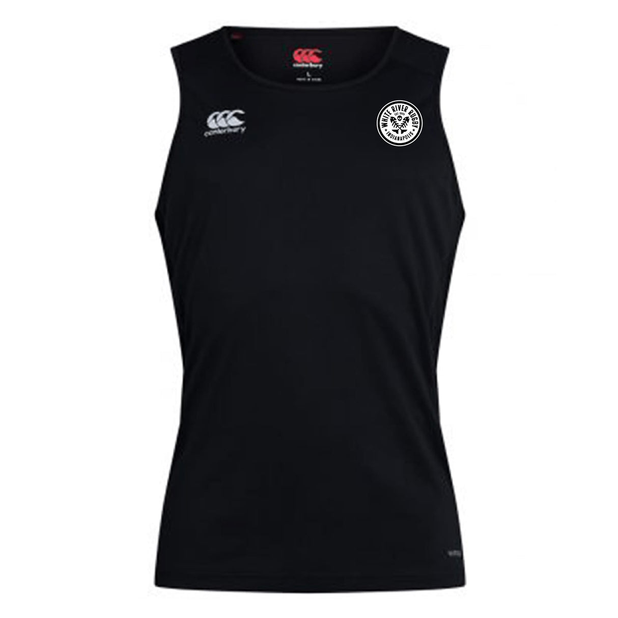 The White River Rugby Football Club Club Dry Singlet by EMB Canterbury is a sleeveless black top with two white chest logos and Vapodri Technology for high-performance athletic use.