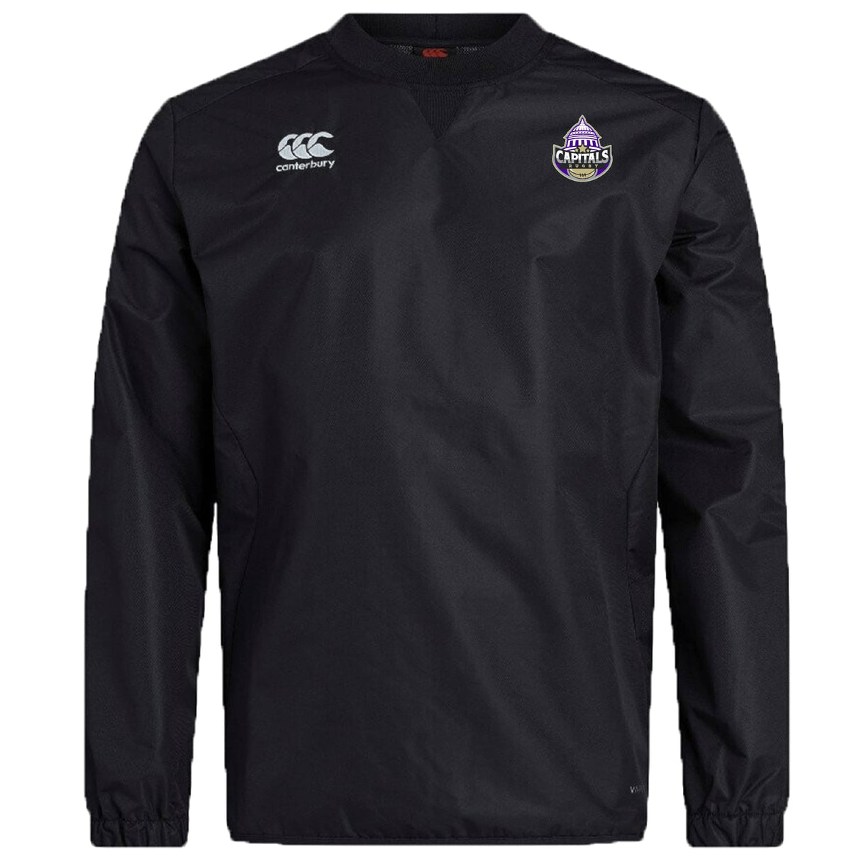 The EMB Canterbury Capitals Rugby NC Club Vaposhield Contact Top is black, has long sleeves, the Canterbury logo on the right chest, and a "Capitals" team logo on the left chest.