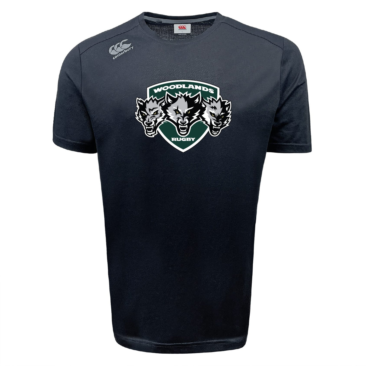 The Woodlands Youth Wolfpack Tempo Vapodri T-Shirt by WRS Canterbury is a black sports tee with three wolf heads and logos, made from moisture-wicking fabric for comfort.