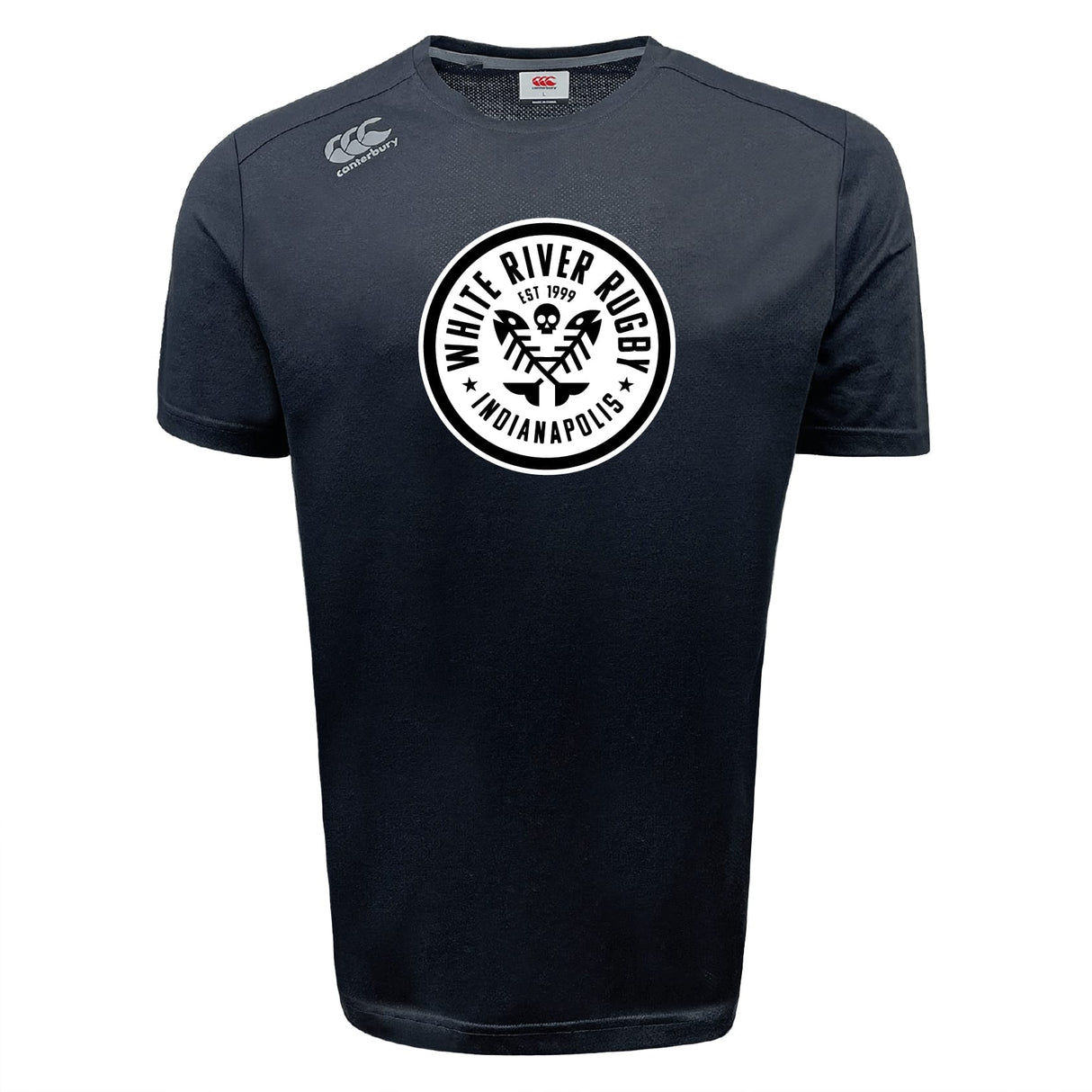 The WRS Canterbury White River Rugby Football Club Tempo Vapodri T-Shirt is a black athletic tee featuring a circular "White River Rugby Indianapolis" logo with crossed rugby paddles and "EST 1999" at the center.