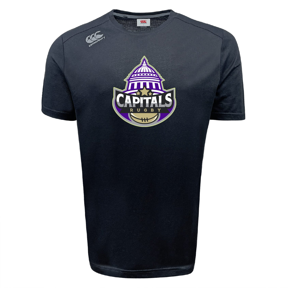The WRS Canterbury Capitals Rugby NC Tempo Vapodri T-Shirt features a black short-sleeve design with a "Capitals Rugby" logo, purple U.S. Capitol dome, and rugby ball. Moisture-wicking Vapodri fabric keeps you cool and comfortable all day.