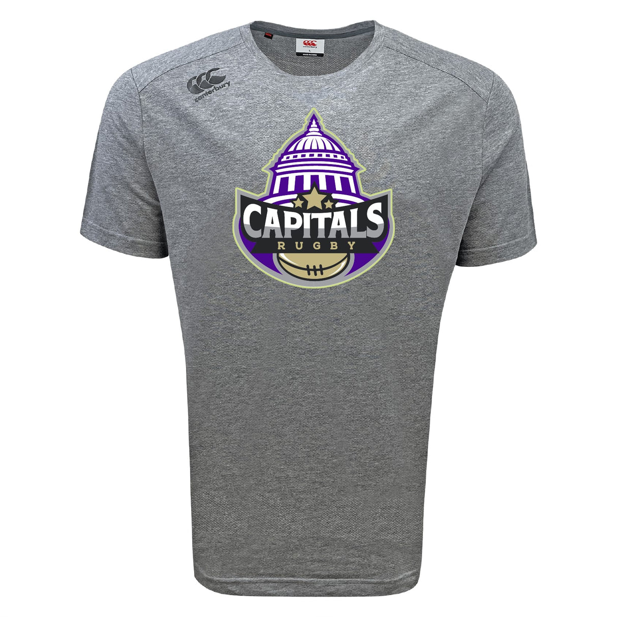 The Capitals Rugby NC Tempo Vapodri T-Shirt by WRS Canterbury is a gray moisture-wicking tee with a bold "Capitals Rugby" logo and U.S. Capitol dome graphic on the chest.