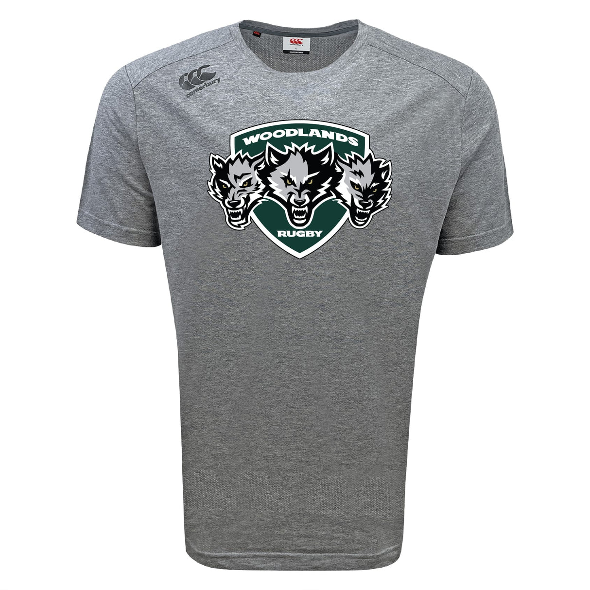 The Woodlands Youth Wolfpack Tempo Vapodri T-Shirt by WRS Canterbury is a gray short-sleeve sports tee with a "Woodlands Rugby" three-wolf logo on the front, a small right shoulder brand logo, and moisture-wicking fabric for comfort.