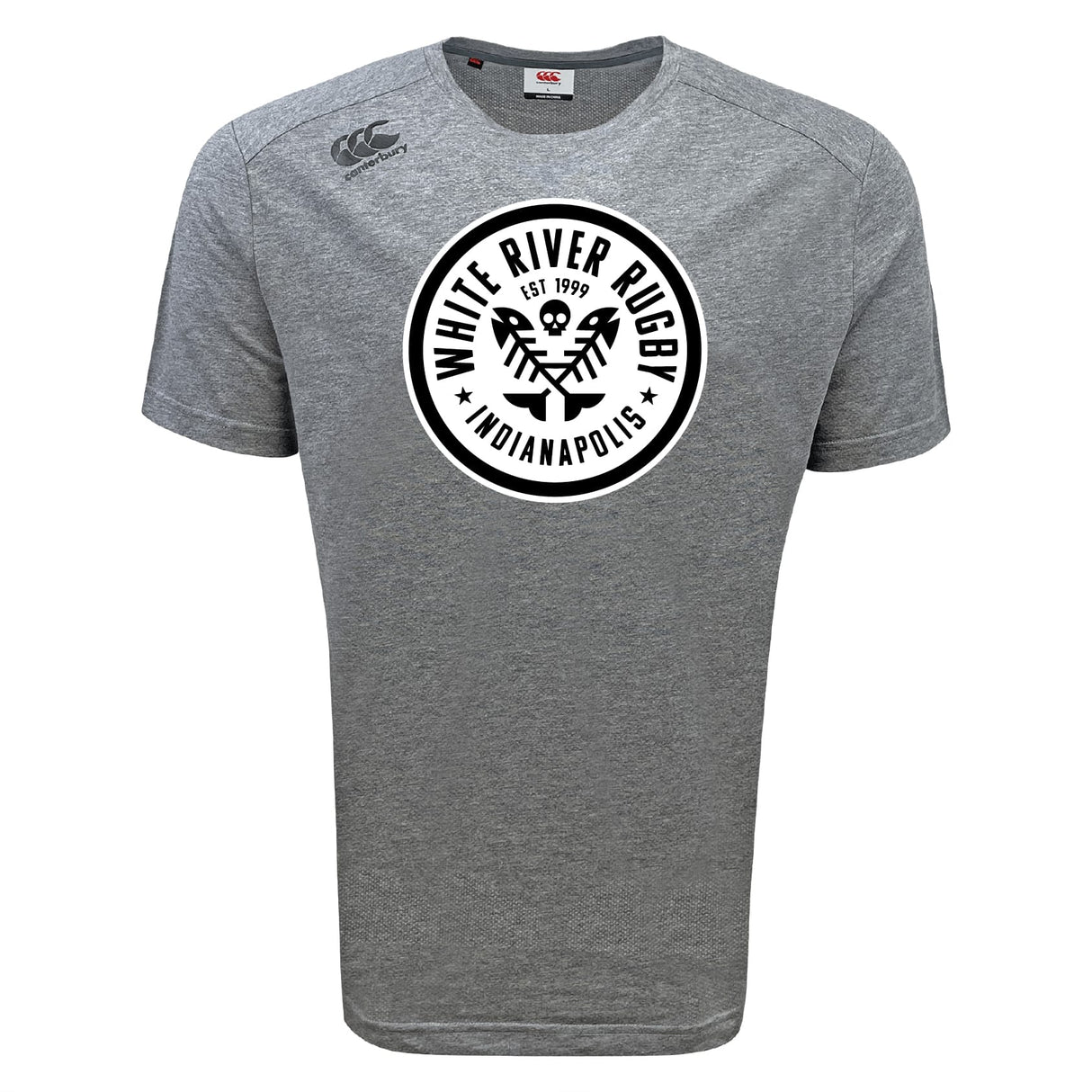 The White River Rugby Football Club Tempo Vapodri T-Shirt by WRS Canterbury is a gray short-sleeve athletic tee with a circular "White River Rugby Indianapolis Est. 1999" logo and crossed rugby balls on the chest.