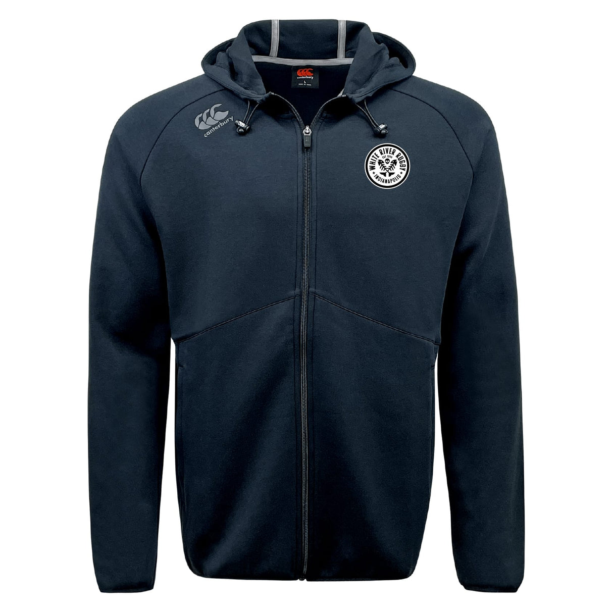 The White River Rugby Football Club Tempo Vapodri Full-Zip Hoodie by EMB Canterbury features a hood, two front pockets, two chest logos, and moisture-wicking fabric for comfort and performance.