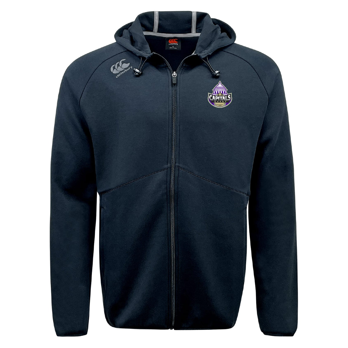 The Capitals Rugby NC Tempo Vapodri Full-Zip Hoodie by EMB Canterbury features a hood, front pockets, and the Wellington Capitals logo on the left chest. This moisture-wicking hoodie keeps you comfortable and stylish wherever you go.