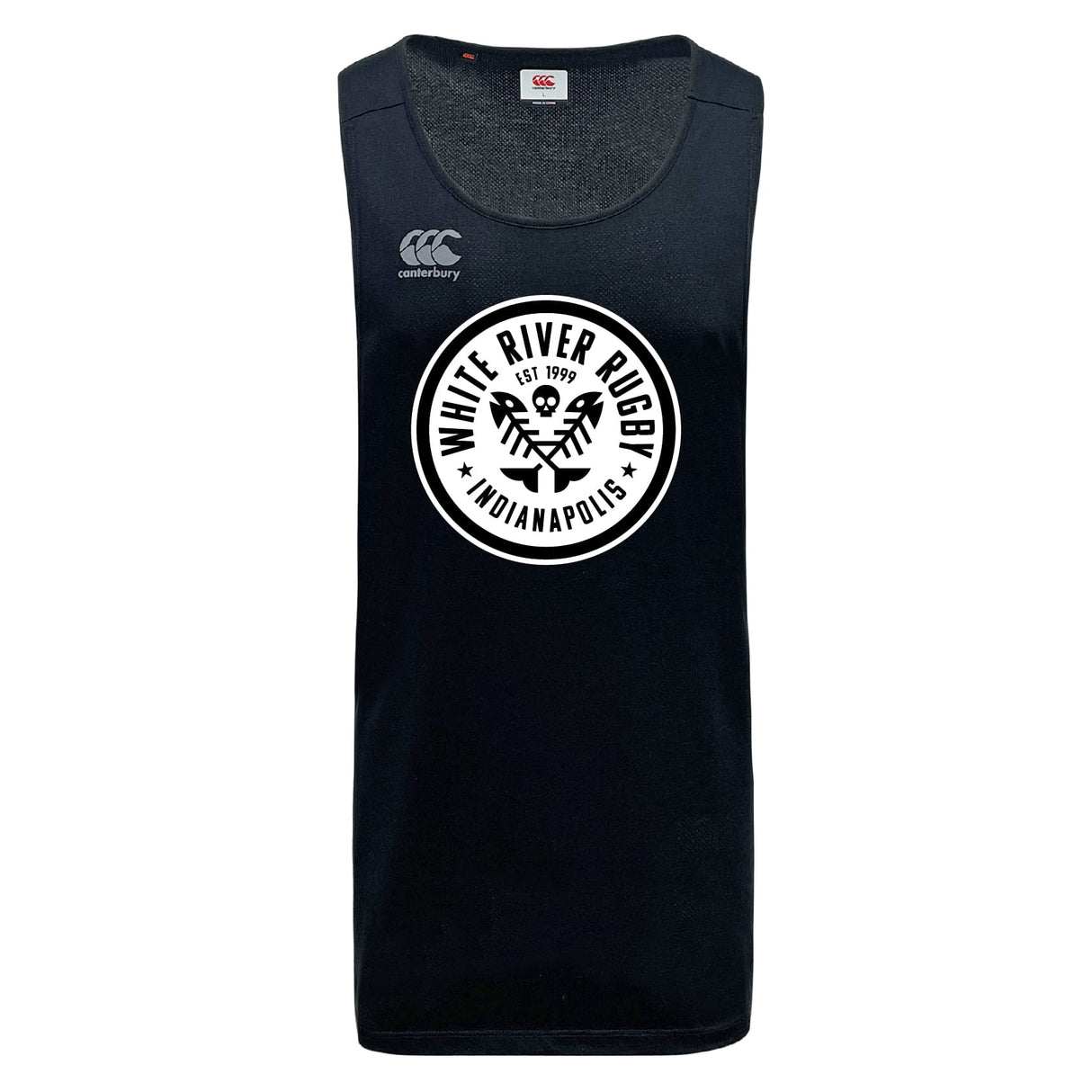 The White River Rugby Football Club Tempo Vapodri Singlet by WRS Canterbury is a black sleeveless athletic shirt made with recycled polyester, featuring the club and Canterbury logos on the front.