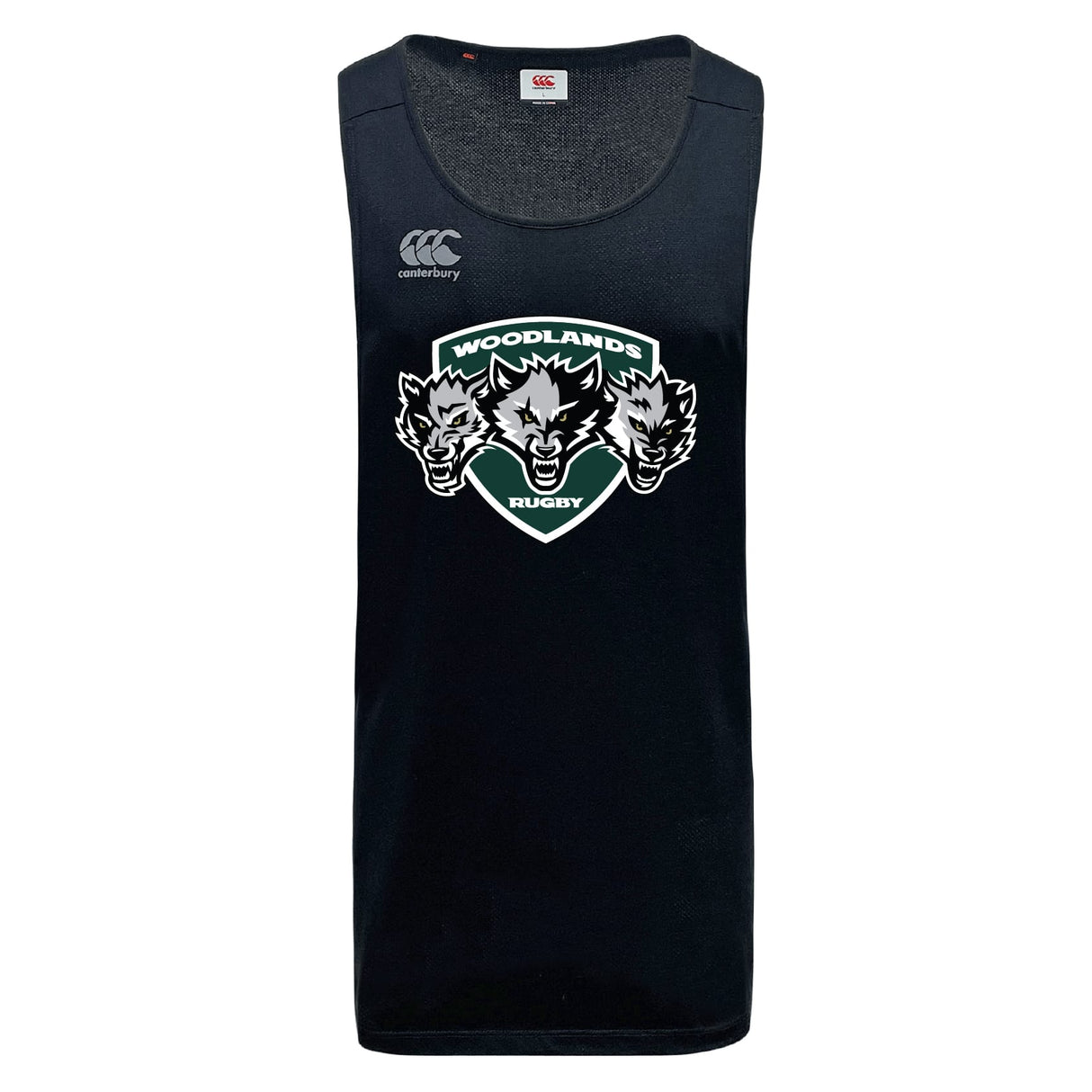 The Woodlands Youth Wolfpack Tempo Vapodri Singlet by WRS Canterbury is a black sports jersey featuring the Canterbury logo and a "Woodlands Rugby" three-wolf emblem, made with VapoDri tech for advanced moisture management.