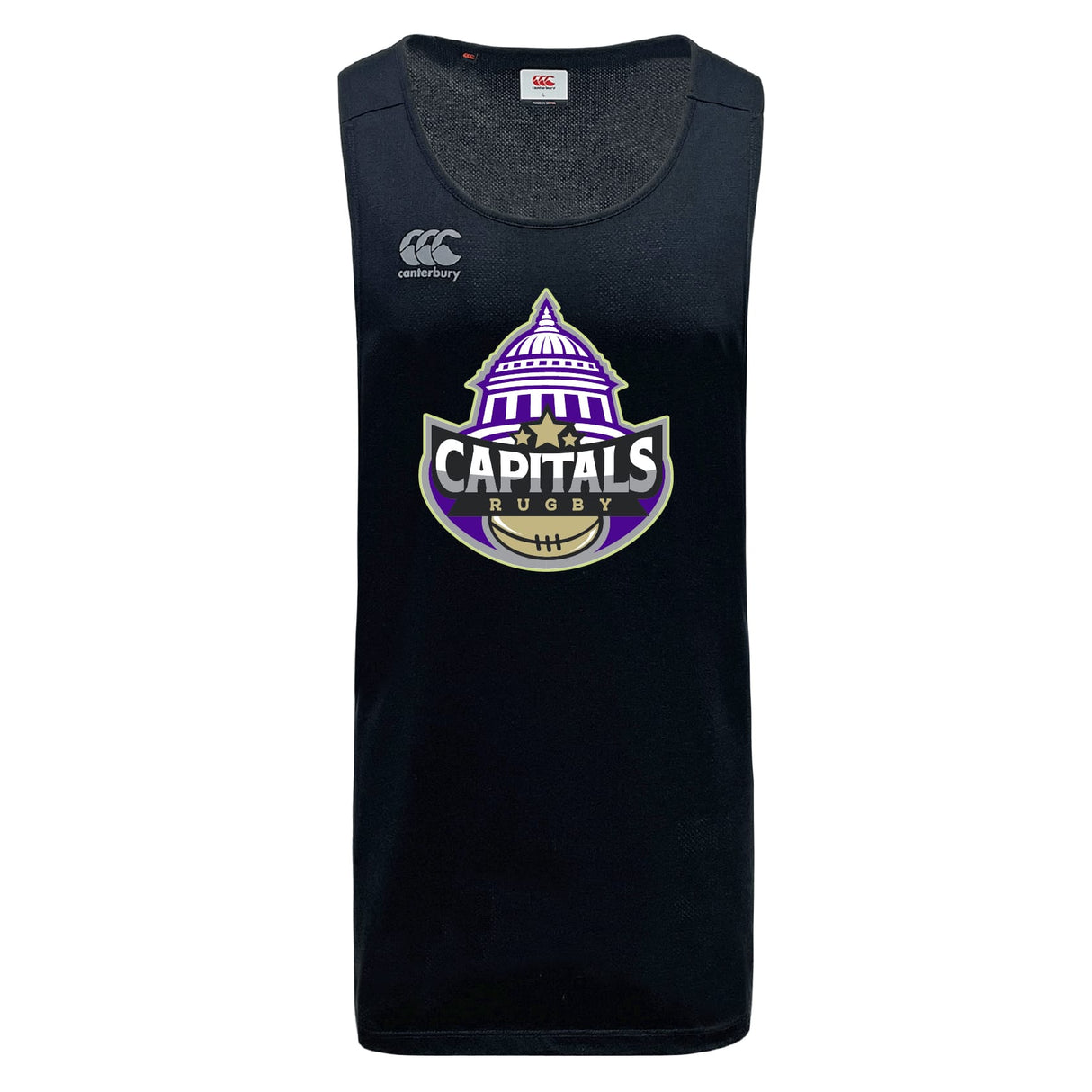 The Capitals Rugby NC Tempo Vapodri Singlet by WRS Canterbury is a black, quick-drying rugby tank top with the Canterbury logo and a Capitals Rugby crest featuring a stylized capitol dome and rugby ball on the front.