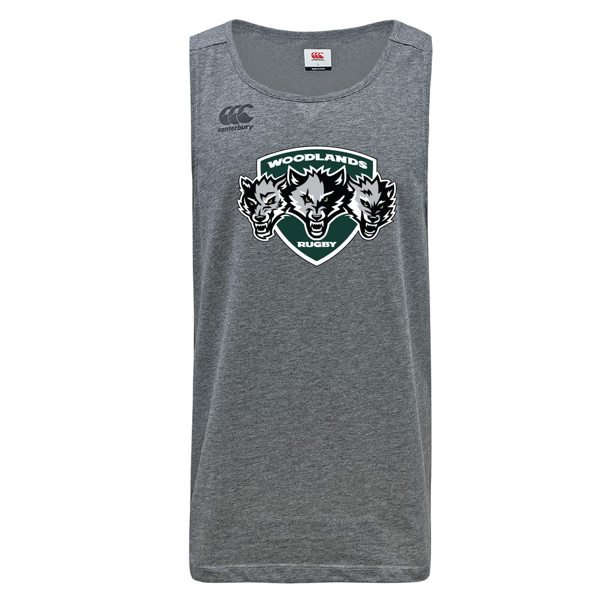 The Woodlands Youth Wolfpack Tempo Vapodri Singlet by WRS Canterbury is a grey, sleeveless rugby tank with the team's three-wolf-head logo, made from recycled polyester and featuring Vapodri technology for comfort.