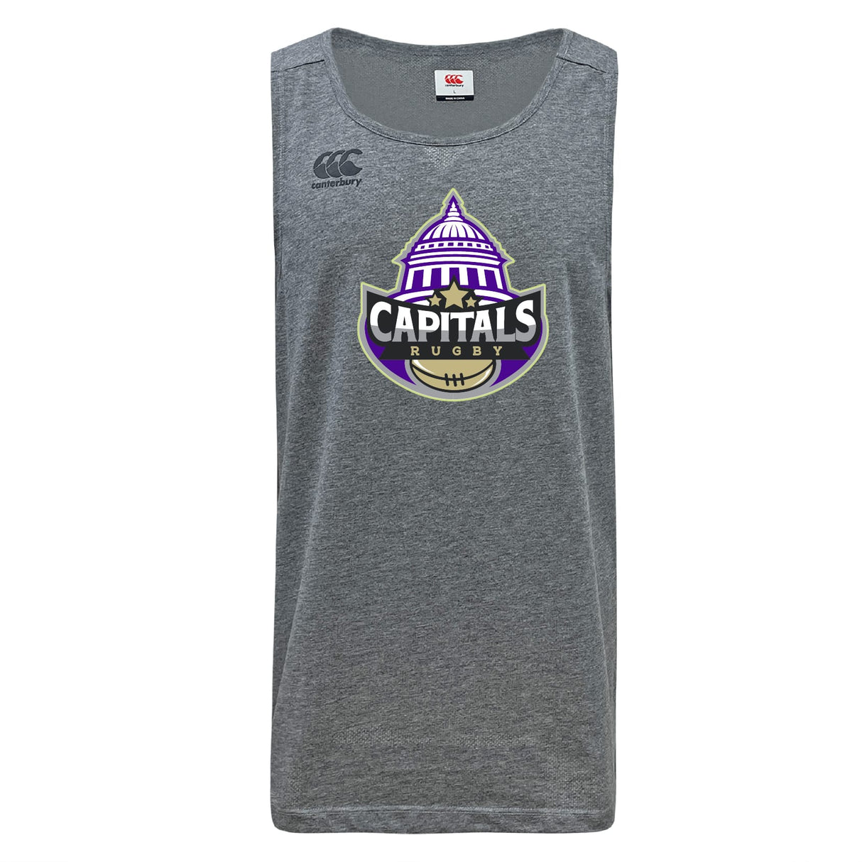 The Capitals Rugby NC Tempo Vapodri Singlet by WRS Canterbury is a gray sleeveless top featuring the Capitals Rugby logo and purple dome graphic, made with quick-drying fabric for active workouts.