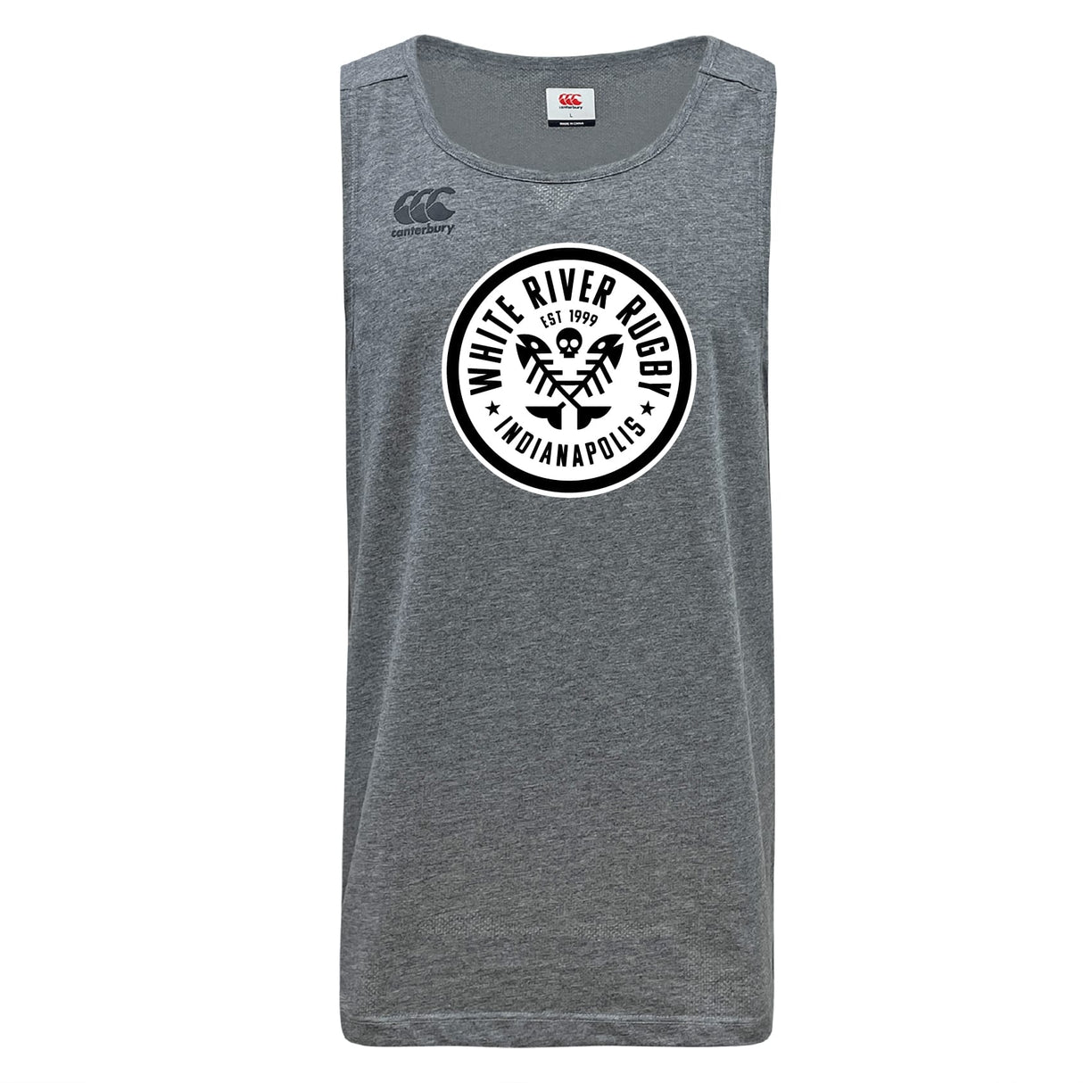 The WRS Canterbury White River Rugby Football Club Tempo Vapodri Singlet is a gray, sleeveless top made from recycled polyester with VapoDri tech, featuring a circular "White River Rugby Indianapolis" front logo and Canterbury branding on the chest.