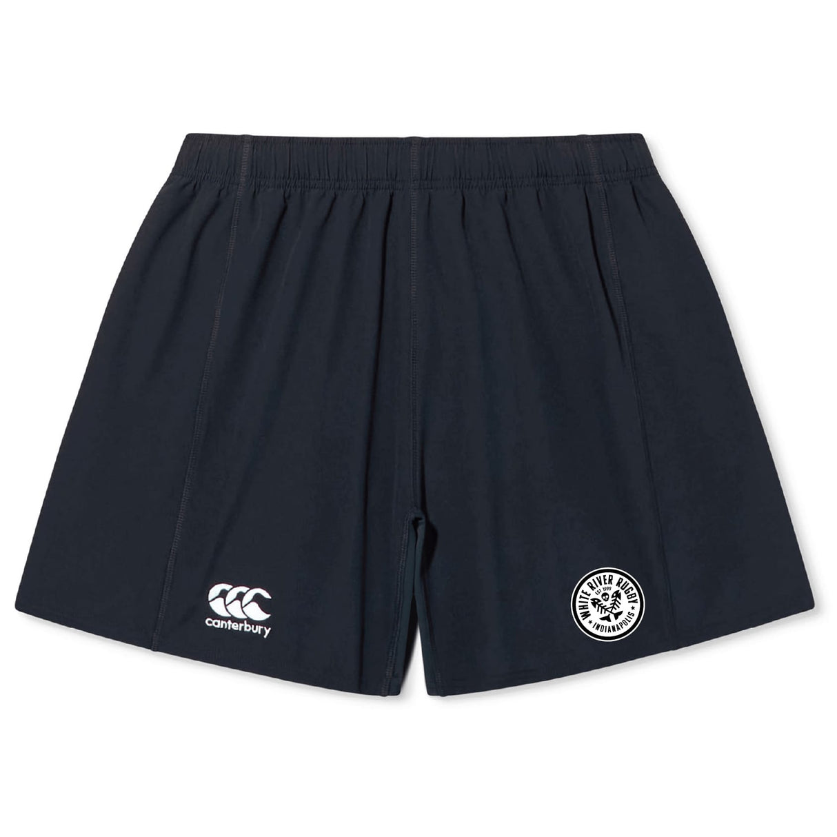 White River Rugby Football Club Yokohama Shorts by EMB Canterbury feature an elastic waistband, the Canterbury logo on the left leg, and a Yokohama Short circular emblem on the right.