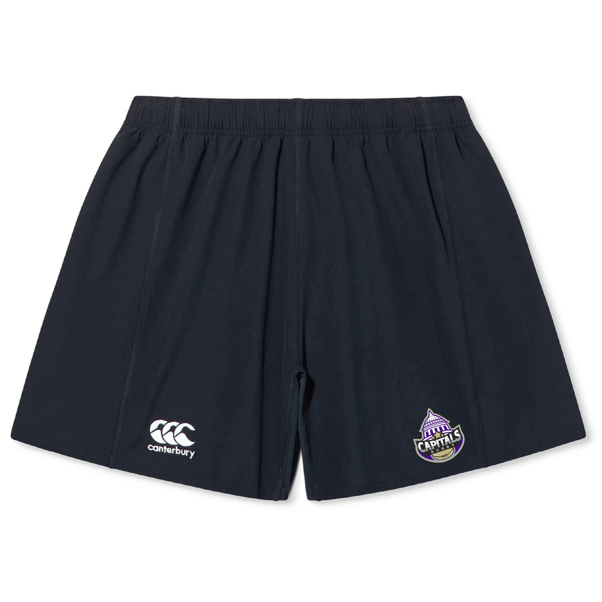The Capitals Rugby NC Yokohama Short by EMB Canterbury features an elastic waistband, lightweight durable fabric, and displays the Canterbury logo on the left leg and Canberra Capitals logo on the right for lasting comfort and style.