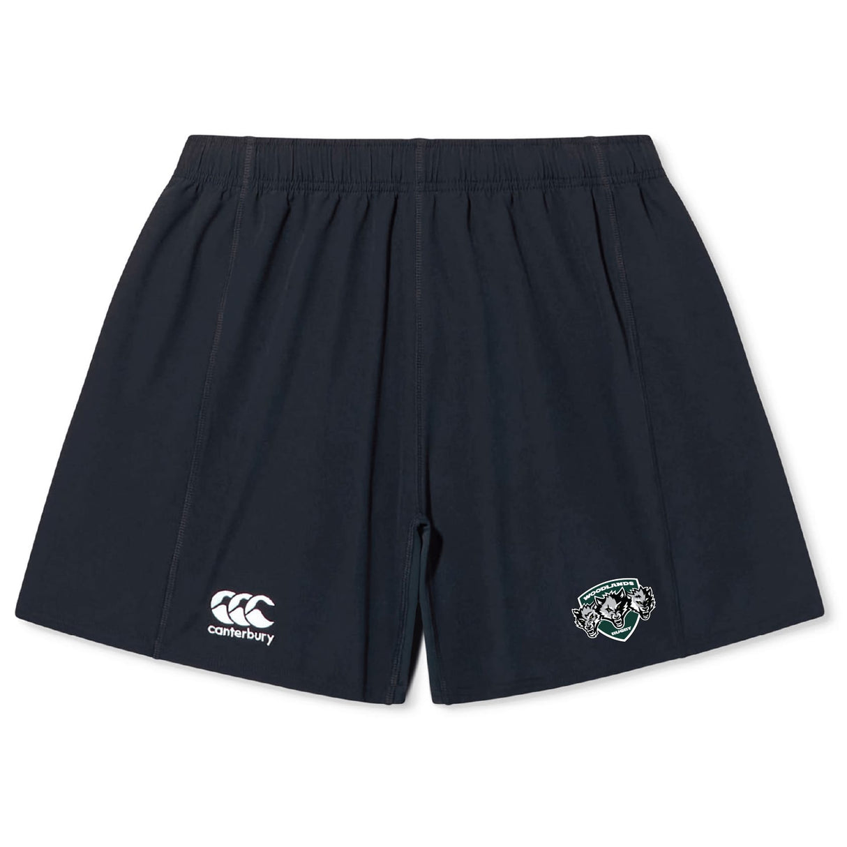 The Woodlands Youth Wolfpack Yokohama Short by EMB Canterbury is a pair of black rugby shorts with a white Canterbury logo on the left leg, a green emblem on the right leg, and made from lightweight, durable fabric.
