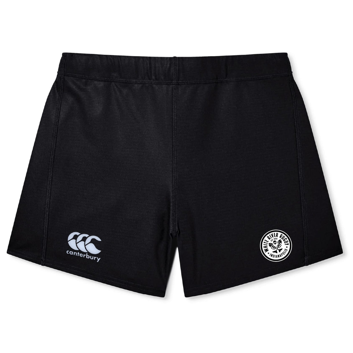 The EMB Canterbury White River Rugby Football Club Women's Yokohama Short features a small logo on the lower left leg and a circular white badge with text and graphic on the lower right, inspired by the classic Yokohama design.