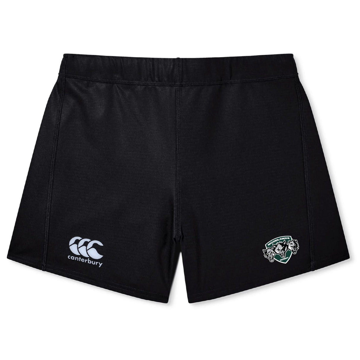 The Woodlands Youth Wolfpack Women's Yokohama Short by EMB Canterbury features a green and white team crest on the right leg, perfect for fans or players seeking stylish women's rugby shorts.