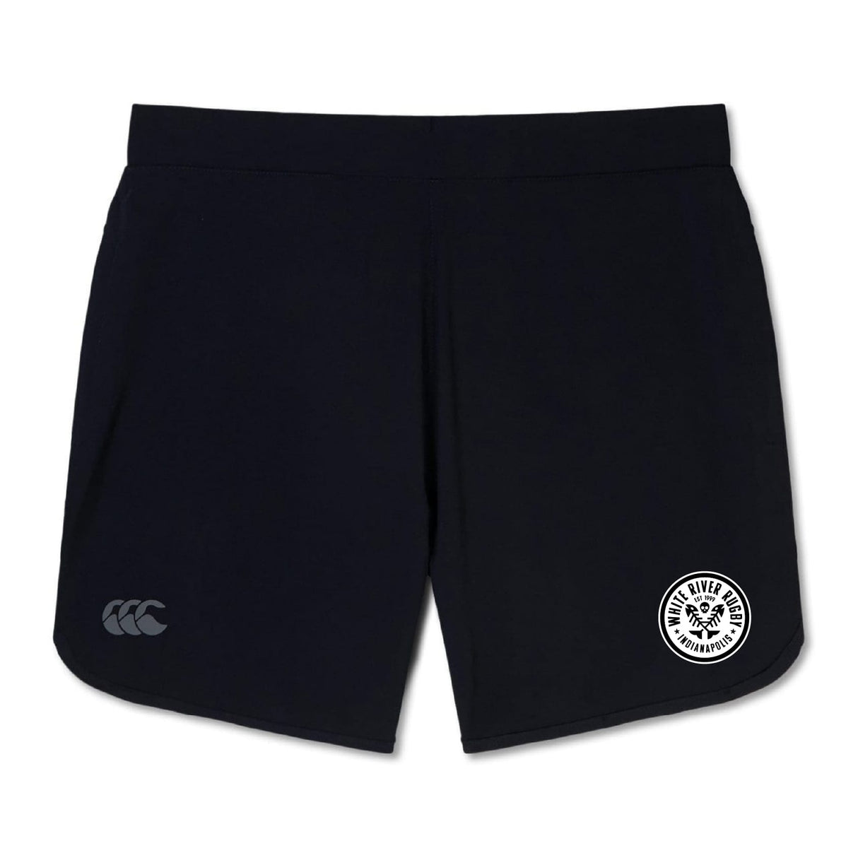 The EMB Canterbury White River Rugby Football Club Women's Elite Woven Short is a pair of black gym shorts with zippered pockets, a white circular logo on the left leg, and a grey logo on the right leg.