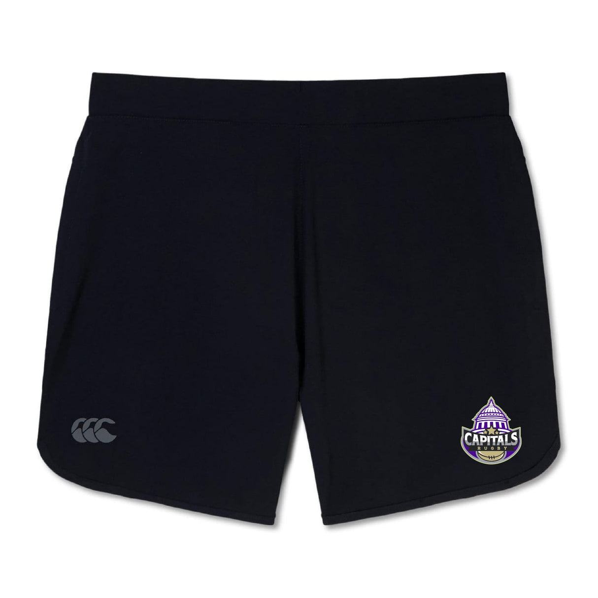 The Capitals Rugby NC Women's Elite Woven Short by EMB Canterbury features zippered pockets, a white Canterbury logo on the left leg, and a Washington Capitals Rugby team logo on the right leg.